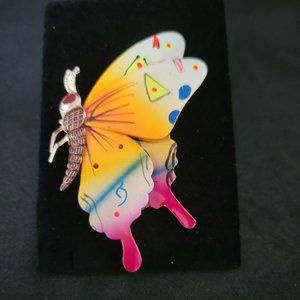 Colorful Butterfly Brooch Pin Metal Wings Hand Painted Silver Tone Body Red Eye
